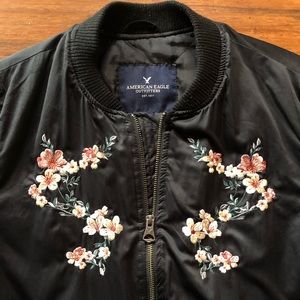 American Eagle Black Floral Varsity Bomber Style Jacket